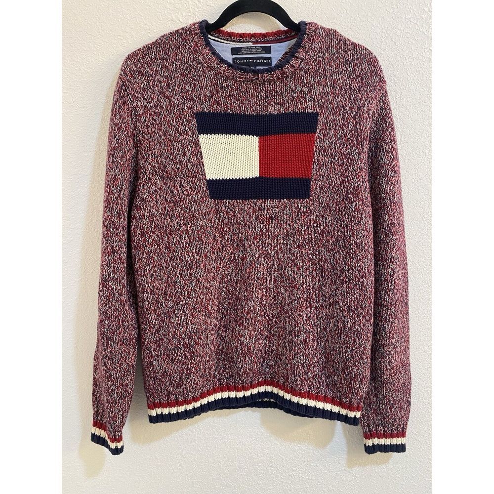 VTG Tommy Hilfiger Med Preppy‎ Heavy Cotton Crew Neck Sweater Logo Speckled